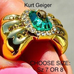 Kurt Geiger Bow Ring Green Crystal Center w/mini Bird Head/wideGold Band NWT&Box